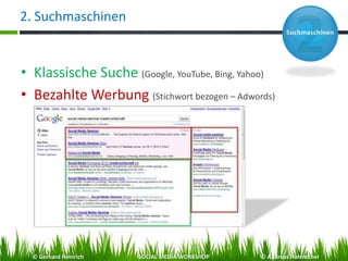 2. Suchmaschinen
• Klassische Suche (Google, YouTube, Bing, Yahoo)
• Bezahlte Werbung (Stichwort bezogen – Adwords)
© Gerhard Heinrich SOCIAL MEDIA WORKSHOP © Andreas Hafenscher
 