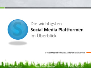 Die wichtigsten
Social Media Plattformen
im Überblick
Social Media bedeutet: Zuhören & Mitreden
© Gerhard Heinrich SOCIAL MEDIA WORKSHOP © Andreas Hafenscher
 