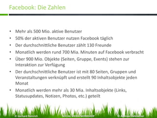 Facebook: Die Zahlen
• Mehr als 500 Mio. aktive Benutzer
• 50% der aktiven Benutzer nutzen Facebook täglich
• Der durchschnittliche Benutzer zählt 130 Freunde
• Monatlich werden rund 700 Mia. Minuten auf Facebook verbracht
• Über 900 Mio. Objekte (Seiten, Gruppe, Events) stehen zur
Interaktion zur Verfügung
• Der durchschnittliche Benutzer ist mit 80 Seiten, Gruppen und
Veranstaltungen verknüpft und erstellt 90 Inhaltsobjekte jeden
Monat
• Monatlich werden mehr als 30 Mia. Inhaltsobjekte (Links,
Statusupdates, Notizen, Photos, etc.) geteilt
© Gerhard Heinrich SOCIAL MEDIA WORKSHOP © Andreas Hafenscher
 