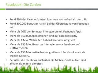 Facebook: Die Zahlen
• Rund 70% der Facebooknutzer kommen von außerhalb der USA
• Rund 300.000 Benutzer halfen bei der Übersetzung von Facebook
mit
• Mehr als 70% der Benutzer interagieren mit Facebook Apps
• Mehr als 550.000 Applikationen sind auf Facebook aktiv
• Mehr als 1 Mio. Webseiten haben Facebook integriert
• Mehr als 150 Mio. Benutzer interagieren via Facebook auf
Drittwebseiten
• Mehr als 150 Mio. aktive Nutzer greifen auf Facebook auch via
Mobile-Gerät zu.
• Benutzer die Facebook auch über ein Mobile-Gerät nutzen sind
aktiver als andere Benutzer.
© Gerhard Heinrich SOCIAL MEDIA WORKSHOP © Andreas Hafenscher
 