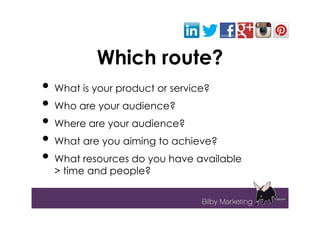 Which route?
• What is your product or service?
• Who are your audience?
• Where are your audience?
• What are you aiming to achieve?
• What resources do you have available
  > time and people?
 