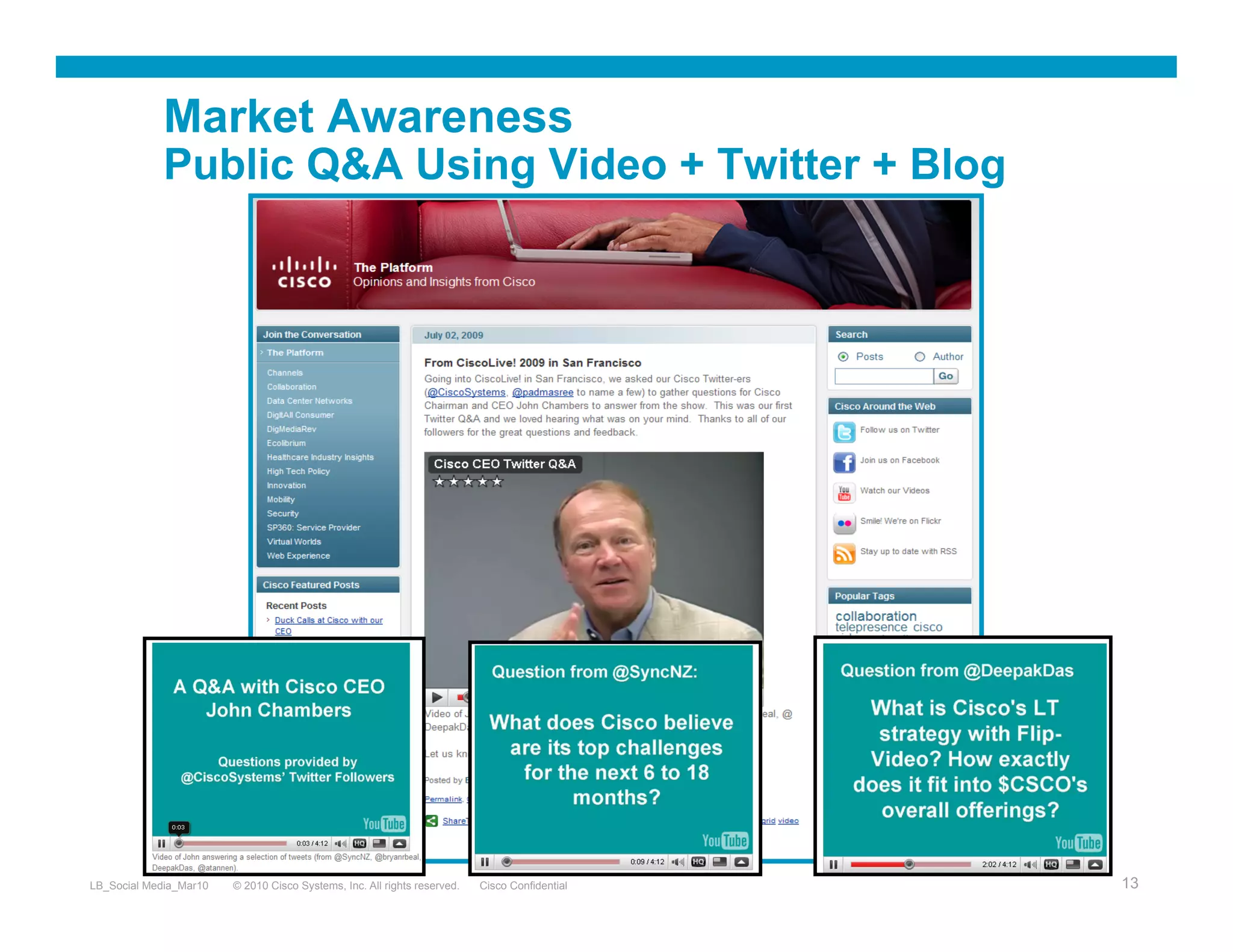 Market Awareness
             Public Q&A Using Video + Twitter + Blog




LB_Social Media_Mar10   © 2010 Cisco Systems, Inc. All rights reserved.   Cisco Confidential   13
 