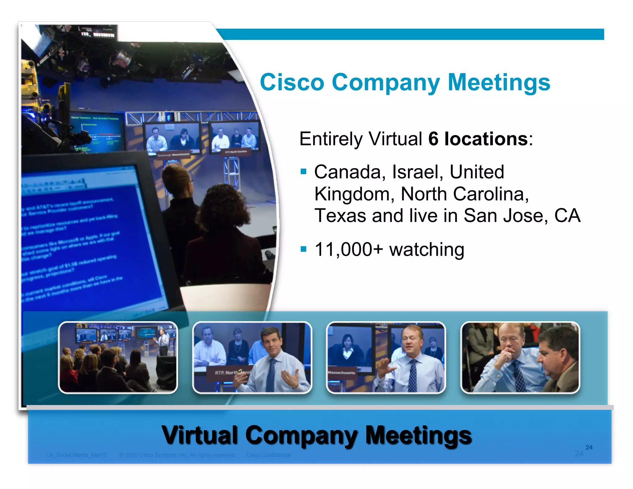 Cisco Company Meetings

                                                                                               Entirely Virtual 6 locations:
                                                                                                 Canada, Israel, United
                                                                                                  Kingdom, North Carolina,
                                                                                                  Texas and live in San Jose, CA
                                                                                                 11,000+ watching




                                                                                                                                    24
LB_Social Media_Mar10   © 2010 Cisco Systems, Inc. All rights reserved.   Cisco Confidential                                   24
 