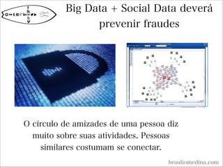 Big Data + Social Data deverá
prevenir fraudes
brauliomedina.com
O círculo de amizades de uma pessoa diz
muito sobre suas atividades. Pessoas
similares costumam se conectar.
 