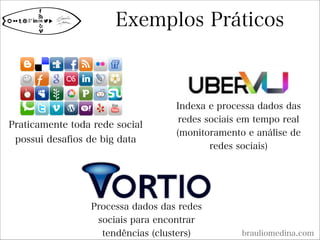 Exemplos Práticos
brauliomedina.com
Praticamente toda rede social
possui desafios de big data
Indexa e processa dados das
redes sociais em tempo real
(monitoramento e análise de
redes sociais)
Processa dados das redes
sociais para encontrar
tendências (clusters)
 