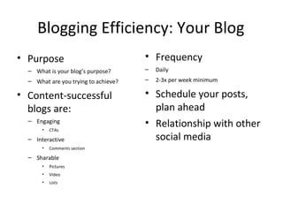 Blogging Efficiency: Your Blog
• Purpose                             • Frequency
  – What is your blog’s purpose?      –   Daily
  – What are you trying to achieve?   –   2-3x per week minimum

• Content-successful                  • Schedule your posts,
  blogs are:                            plan ahead
  – Engaging
       •   CTAs
                                      • Relationship with other
  – Interactive                         social media
       •   Comments section

  – Sharable
       •   Pictures
       •   Video
       •   Lists
 