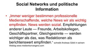 Utopia„Revitalization of society by participatory networks“ -> Netizen (Hauben/Hauben 1996, http://www.columbia.edu/~rh120/) „Internet brings enourmous leverage to ordinary citizens at relatively little cost – intellectual leverage, social leverage, commercial leverage, and most important, political leverage“ (Howard Rheingold 1997)