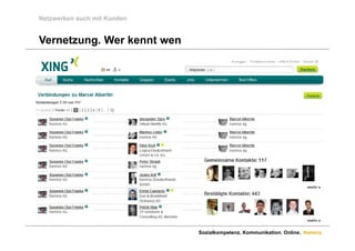 Netzwerken auch mit Kunden


Vernetzung.
Vernetzung Wer kennt wen




                             Sozialkompetenz. Kommunikation. Online. Namics.
 