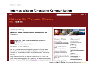 Intern / extern


Internes Wissen für externe Kommunikation




                          Geschwindigkeit. Dialog. Vernetzung. Menschen. Namics.
 