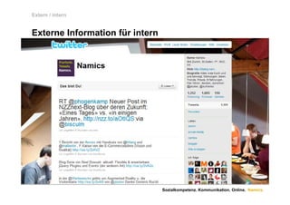 Extern / intern


Externe Information für intern




                                 Sozialkompetenz. Kommunikation. Online. Namics.
 