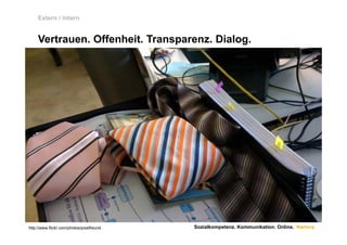 Extern / intern


     Vertrauen. Offenheit. Transparenz. Dialog.
     Vertrauen Offenheit Transparenz Dialog




http://www.flickr.com/photos/pixelfreund   Sozialkompetenz. Kommunikation. Online. Namics.
 