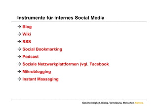 Instrumente für internes Social Media
 Blog
 Wiki
 RSS
 Social Bookmarking
P d
 Podcast
       t
 Soziale Netzwerkplattformen (vgl. Facebook
 Mikroblogging
 Instant Massaging
               g g




                               Geschwindigkeit. Dialog. Vernetzung. Menschen. Namics.
 