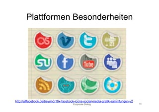Plattformen Besonderheiten




http://allfacebook.de/beyond/10x-facebook-icons-social-media-grafik-sammlungen-v2
                                       Corporate Dialog                             10
 