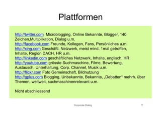 Plattformen
http://twitter.com Microblogging, Online Bekannte, Blogger, 140
Zeichen,Multiplikation, Dialog u.m.
http://facebook.com Freunde, Kollegen, Fans, Persönliches u.m.
http://xing.com Geschäftl. Netzwerk, meist mind. 1mal getroffen,
Inhalte, Region DACH, HR u.m.
http://linkedin.com geschäftliches Netzwerk, Inhalte, englisch, HR
http://youtube.com grösste Suchmaschine, Filme, Bewertung,
Austausch, Unterhaltung, Corp. Channel, Musik u.m.
http://flickr.com Foto Gemeinschaft, Bildnutzung
http://gplus.com Blogging, Unbekannte, Bekannte, „Debatten“ mehrh. über
Themen, weltweit, suchmaschinenrelevant u.m.

Nicht abschliessend


                                Corporate Dialog                    11
 