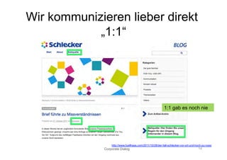 Wir kommunizieren lieber direkt
               „1:1“




                                                                                             1:1 gab es noch nie



http://www.youtube.com/watch?v=7jEPHOUj3wY&feature=player_embedded



                                                    http://www.fuellhaas.com/2011/10/28/der-fall-schlecker-vor-ort-und-hoch-zu-ross/
                                                Corporate Dialog                                                         14
 