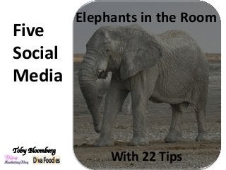 Toby Bloomberg	

Five	
Social		
Media		
Elephants	in	the	Room	
With	22	Tips	
 