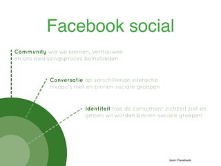Facebook social
Community wie we kennen, vertrouwen
en ons beslissingsproces beïnvloeden


           Conversatie op verschillende interactie
           niveau’s met en binnen sociale groepen


                       Identiteit hoe de consument zichzelf ziet en
                       gezien wil worden binnen sociale groepen




                                                     bron: Facebook
 