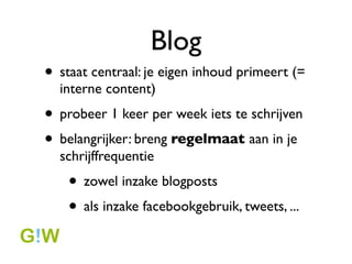 Twitter

? zon 1300 followers van de nationale
  Groen! account
? 7% van de followers retweet onze
  boodschappen
? wat tweeten we zelf?
                34%          26%         43%
              retweets   antwoorden      links
 
