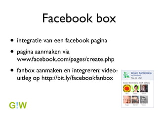 Een Groen!WEB-site
? social media integratie standaard aanwezig
   ? bezoekers kunnen jouw inhoud delen
      met hun netwerken via n knop
? commentaarfunctie aanwezig, niet
  standaard aangezet maar sterk aan te
  raden!
 