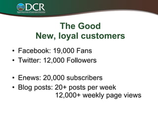 The Good New, loyal customers Facebook: 19,000 Fans  Twitter: 12,000 Followers Enews: 20,000 subscribers Blog posts: 20+ posts per week    12,000+ weekly page views 