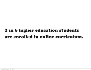 1 in 6 higher education students
        are enrolled in online curriculum.




Thursday, October 28, 2010
 