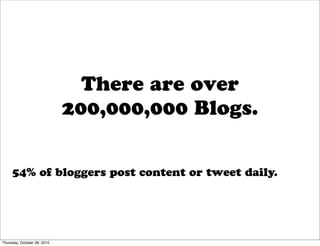 There are over
                             200,000,000 Blogs.


     54% of bloggers post content or tweet daily.




Thursday, October 28, 2010
 