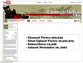 - Channel Views: 502,625
                             - Total Upload Views: 16,301,973
                             - Subscribers: 12,948
                             - Joined: November 16, 2007



Thursday, October 28, 2010
 