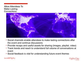 Allow Attendees To
Make Lasting
Connections

• Social channels enable attendees to make lasting connections after
the event and continue discussions
• Provide recaps and useful assets for sharing (images, playlist, video)
• Track trends and reach to understand full volume of conversations at
event
• Social feedback is vital for understanding future event themes

 