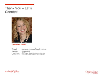 Thank You – Let’s
Connect!

Gemma Craven
Email:
Twitter:
Linkedin:

gemma.craven@ogilvy.com
@gemsie
linkedin.com/gemsiecraven

 