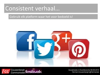 Consistent verhaal… 
Gebruik elk platform waar het voor bedoeld is! 
Socialmedia in Eventbranche 08-09-2014 
Herman Couwenbergh @Hermaniak 
Couwenbergh 
Communiceert 
 