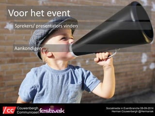 Voor het event 
Sprekers/ presentators vinden 
Socialmedia in Eventbranche 08-09-2014 
Herman Couwenbergh @Hermaniak 
Aankondigen 
Couwenbergh 
Communiceert 
 