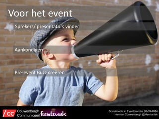 Voor het event 
Sprekers/ presentators vinden 
Socialmedia in Eventbranche 08-09-2014 
Herman Couwenbergh @Hermaniak 
Aankondigen 
Pre-event Buzz creëren 
Couwenbergh 
Communiceert 
 