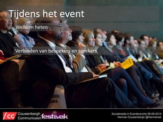 Tijdens het event 
Welkom heten 
Socialmedia in Eventbranche 08-09-2014 
Herman Couwenbergh @Hermaniak 
Verbinden van bezoekers en sprekers 
Couwenbergh 
Communiceert 
 