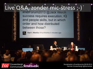 Live Q&A, zonder mic-stress ;-) 
Socialmedia in Eventbranche 08-09-2014 
Herman Couwenbergh @Hermaniak 
Couwenbergh 
Communiceert 
 