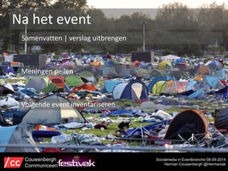 Na het event 
Samenvatten | verslag uitbrengen 
Socialmedia in Eventbranche 08-09-2014 
Herman Couwenbergh @Hermaniak 
Meningen peilen 
Volgende event inventariseren 
Couwenbergh 
Communiceert 
 