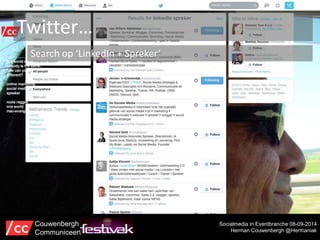 Twitter… 
Search op ‘LinkedIn + Spreker’ 
Socialmedia in Eventbranche 08-09-2014 
Herman Couwenbergh @Hermaniak 
Couwenbergh 
Communiceert 
 