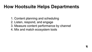 How Hootsuite Helps Departments
1. Content planning and scheduling
2. Listen, respond, and engage
3. Measure content performance by channel
4. Mix and match ecosystem tools
 