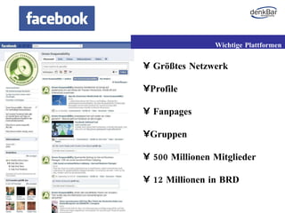 Größtes Netzwerk Profile Fanpages Gruppen 500 Millionen Mitglieder 12 Millionen in BRD Wichtige Plattformen 