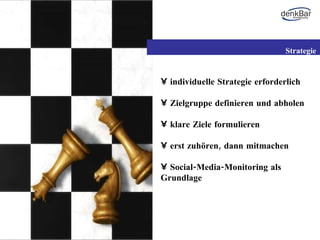individuelle Strategie erforderlich Zielgruppe definieren und abholen klare Ziele formulieren erst zuhören, dann mitmachen Social-Media-Monitoring als Grundlage Strategie 
