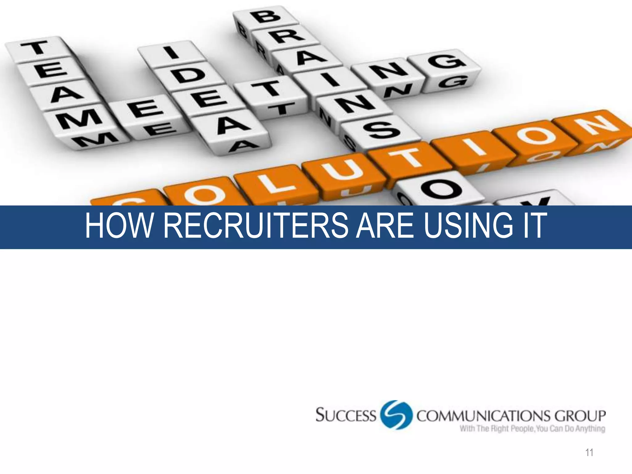 HOW RECRUITERS ARE USING IT




                              11
 
