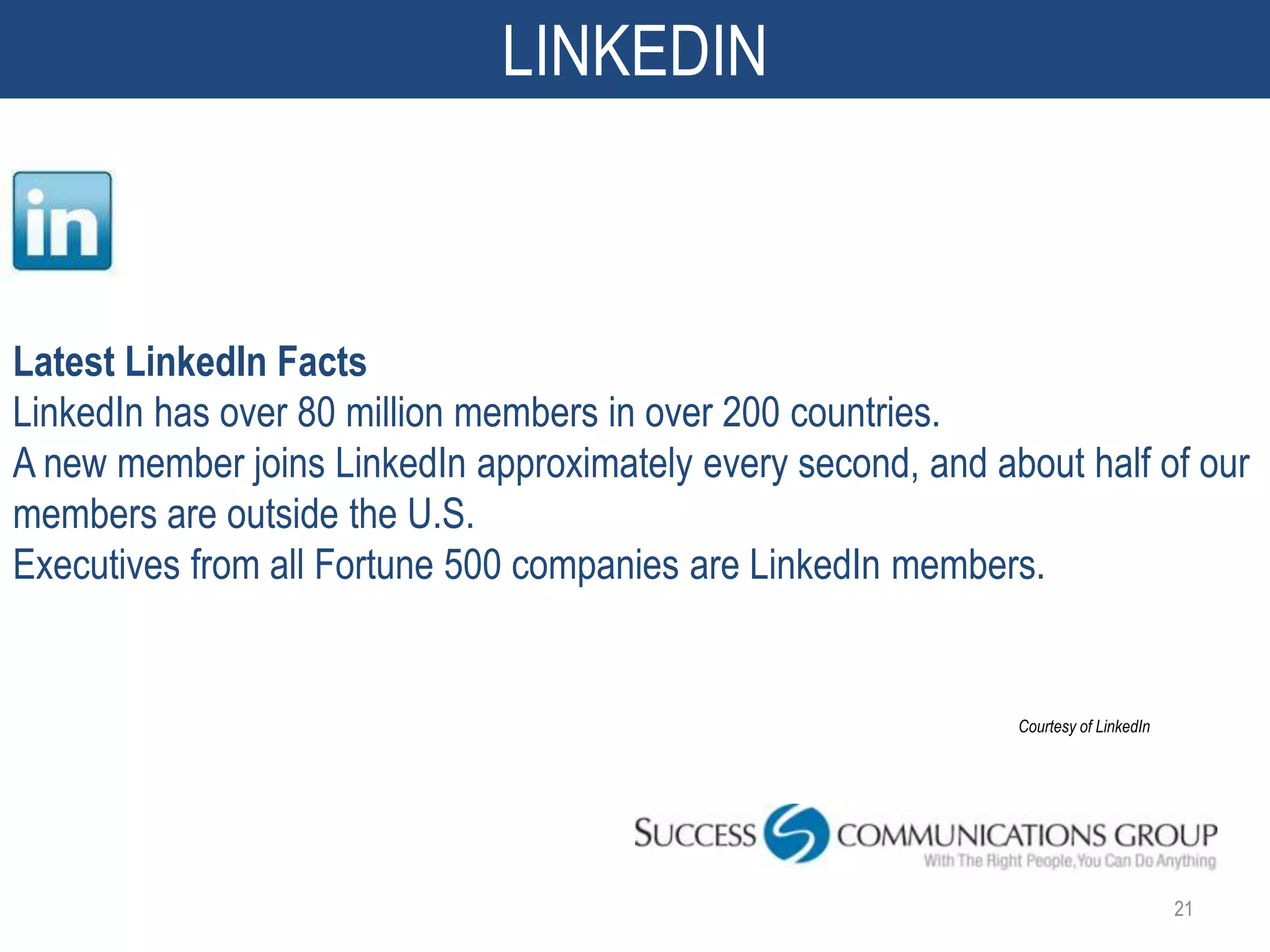 LINKEDIN



Latest LinkedIn Facts
LinkedIn has over 80 million members in over 200 countries.
A new member joins LinkedIn approximately every second, and about half of our
members are outside the U.S.
Executives from all Fortune 500 companies are LinkedIn members.


                                                              Courtesy of LinkedIn




                                                                                     21
 