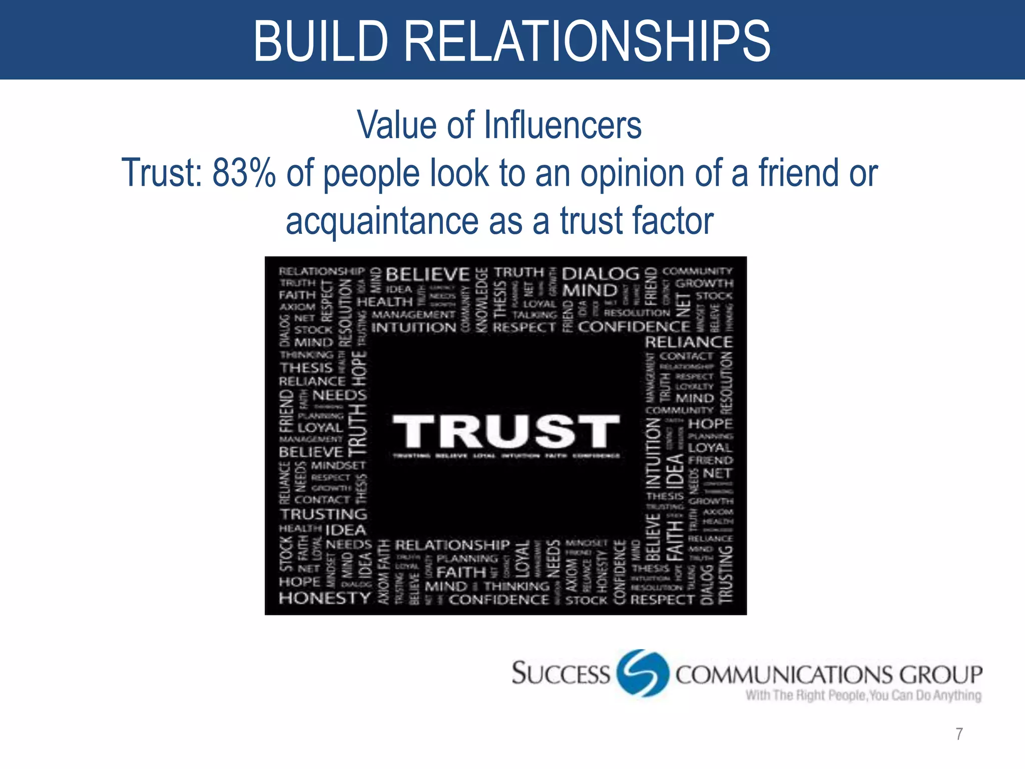 BUILD RELATIONSHIPS
                Value of Influencers
Trust: 83% of people look to an opinion of a friend or
           acquaintance as a trust factor




                                                         7
 