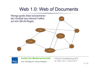 Web 1.0: Web of Documents
Wenige große Sites konzentrieren
den Großteil des Internet Traffics
                 Internet-Traffics                               YAHOO!


auf sich (80-20-Regel).


                                    EBAY




                                                                Google




                     AMAZON




                                                   BING




         Institut für Medienwirtschaft                    FOCUS Umweltbildung 2012
          Prof. (FH) Mag. Dr. Tassilo Pellegrini          St. Pölten, den 1. Februar 2012
                                                                                            13 / 38
 