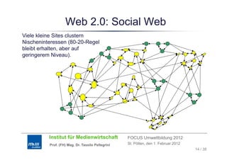 Web 2.0: Social Web
Viele kleine Sites clustern
Nischeninteressen (80-20-Regel
                     (80 20 Regel
bleibt erhalten, aber auf
geringerem Niveau).




           Institut für Medienwirtschaft            FOCUS Umweltbildung 2012
           Prof. (FH) Mag. Dr. Tassilo Pellegrini   St. Pölten, den 1. Februar 2012
                                                                                      14 / 38
 
