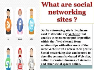 Social networking site is the phrase
used to describe any Web site that
enables users to create public profiles
within tha...