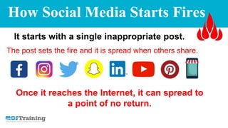 How Social Media Starts Fires
It starts with a single inappropriate post.
The post sets the fire and it is spread when others share.
Once it reaches the Internet, it can spread to
a point of no return.
 