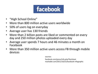 • “High School Online”
• More than 800 million active users worldwide
• 50% of users log on everyday
• Average user has 130 friends
• More than 2 billion posts are liked or commented on every
  day and 250 million photos uploaded every day
• Average user spends 7 hours and 46 minutes a month on
  Facebook
• More than 350 million active users access FB through mobile
  devices
                            sources:
                            facebook.com/press/info.php?factsheet
                            mashable.com/2011/10/21/facebook-infographic
 