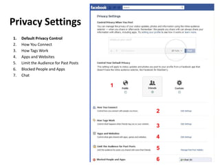 Privacy Settings
1.   Default Privacy Control
2.   How You Connect
3.   How Tags Work
4.   Apps and Websites
5.   Limit the Audience for Past Posts
6.   Blocked People and Apps
7.   Chat

                                         1



                                             2

                                             3

                                             4

                                             5

                                             6
 