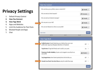 Privacy Settings
 1.   Default Privacy Control
 2.   How You Connect
 3.   How Tags Work
 4.   Apps and Websites
 5.   Limit the Audience for Past Posts
 6.   Blocked People and Apps
 7.   Chat
 