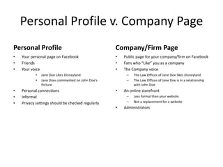 Personal Profile v. Company Page
Personal Profile                                   Company/Firm Page
•   Your personal page on Facebook                 •   Public page for your company/firm on Facebook
•   Friends                                        •   Fans who “Like” you as a company
•   Your voice                                     •   The Company voice
           •   Jane Doe Likes Disneyland                –   The Law Offices of Jane Doe likes Disneyland
           •   Jane Does commented on John Doe’s        –   The Law Offices of Jane Doe is in a relationship
               Picture                                      with John Doe
•   Personal connections                           •   An online storefront
•   Informal                                            –   Less formal than your website
•   Privacy settings should be checked regularly        –   Not a replacement for a website
                                                   •   Administrators
 